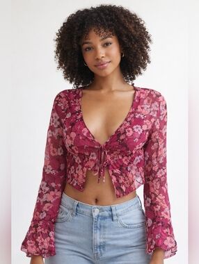 Urban Outfitters Sheer Floral Tie Front Crop Top Boho Blouse Small
